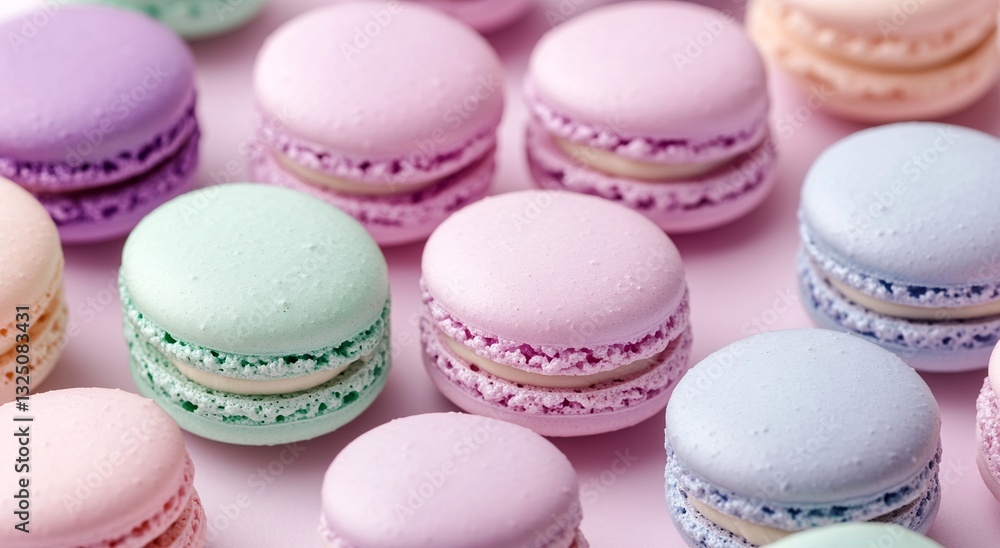 Pastel-colored macarons arranged on a pink surface. A delightful treat for the eyes! Pastel-colored macarons arranged on a pink surface. A delightful treat for the eyes!