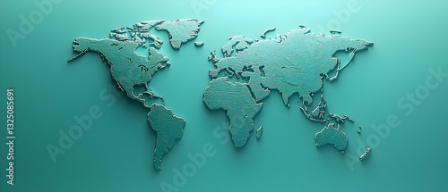 Fototapeta Naklejka Na Ścianę i Meble -  Three Dimensional World Map On Turquoise Background With Intricate Detailing And Soft Lighting