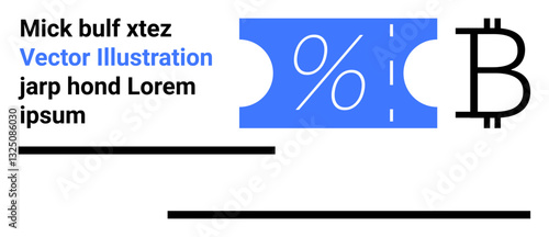 Bitcoin currency symbol paired with a discount percentage on a blue tag. Ideal for finance, cryptocurrency, e-commerce, sales, digital payments, marketing, and monetary value. Abstract line flat
