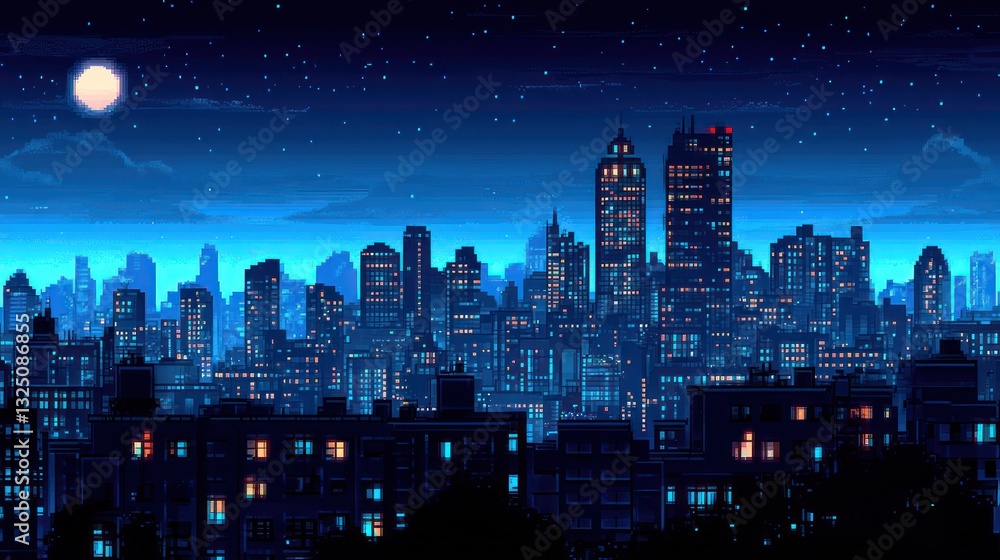 Obraz premium A pixelated artwork depicting a cityscape during a beautiful nighttime