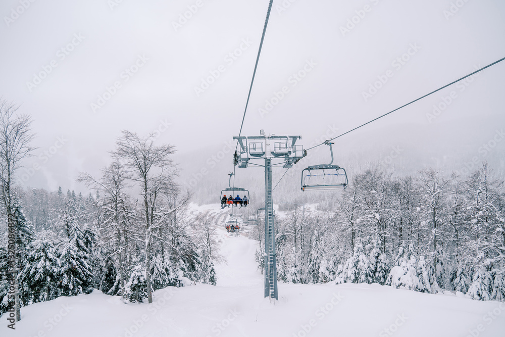 Skiers ride on four-seater chairlifts above snow-covered trees Skiers ride on four-seater chairlifts above snow-covered trees