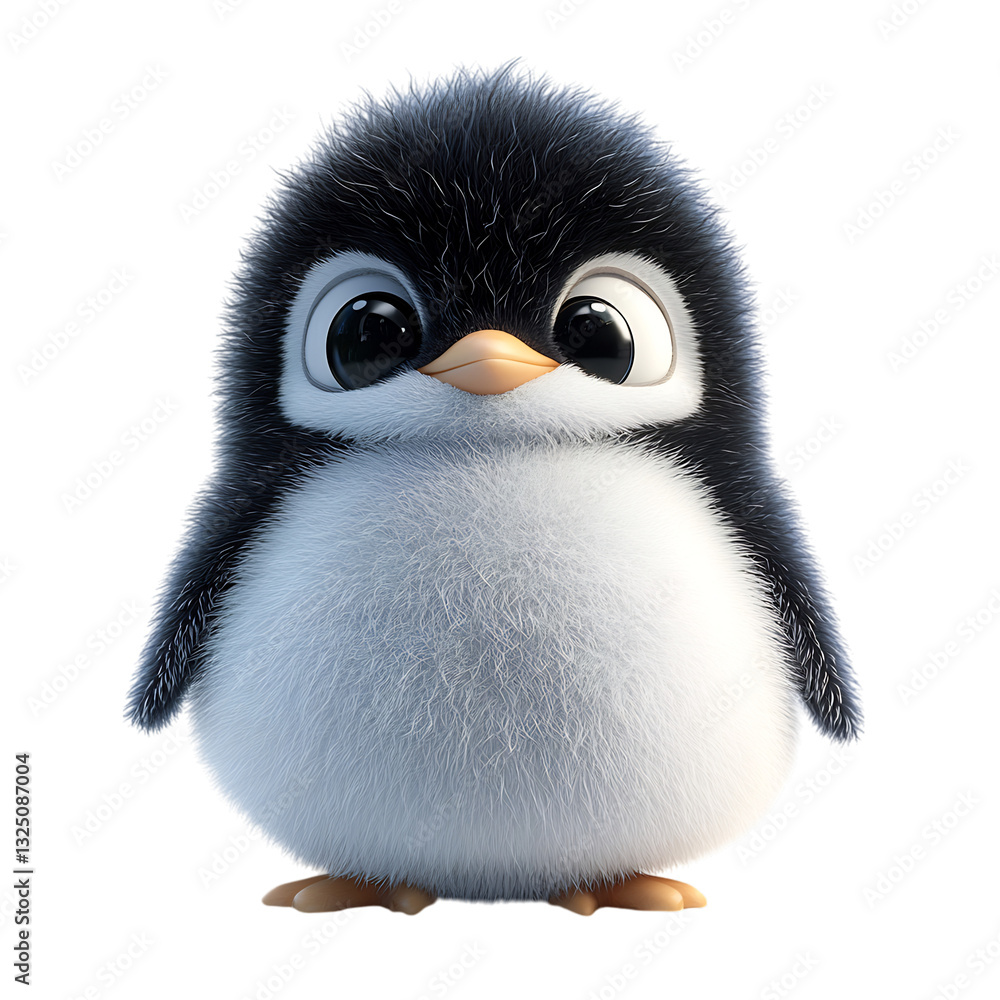 Naklejka premium Fluffy 3D Cartoon Penguin Chick with Big Eyes Isolated on Transparent Background