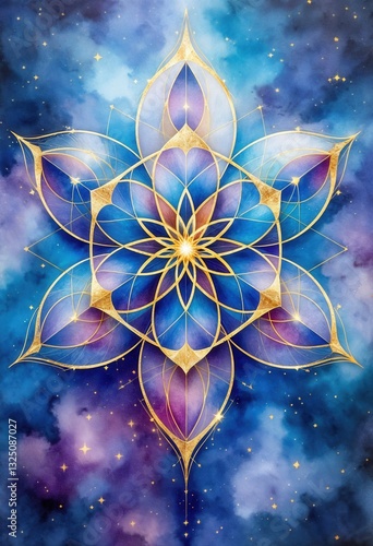 Watercolor mandala with a starry sky in the background
