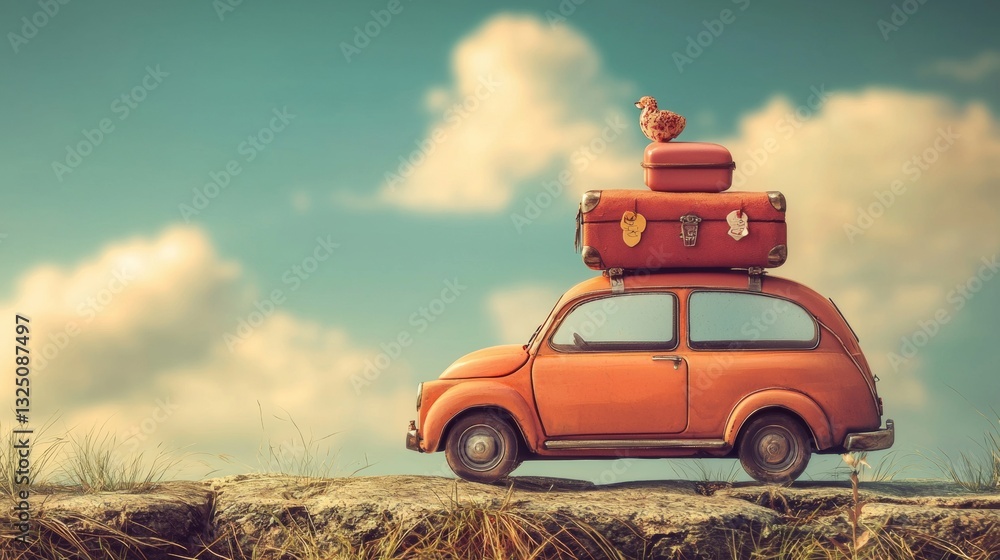 Fototapeta premium Vintage orange car with luggage on a rural road
