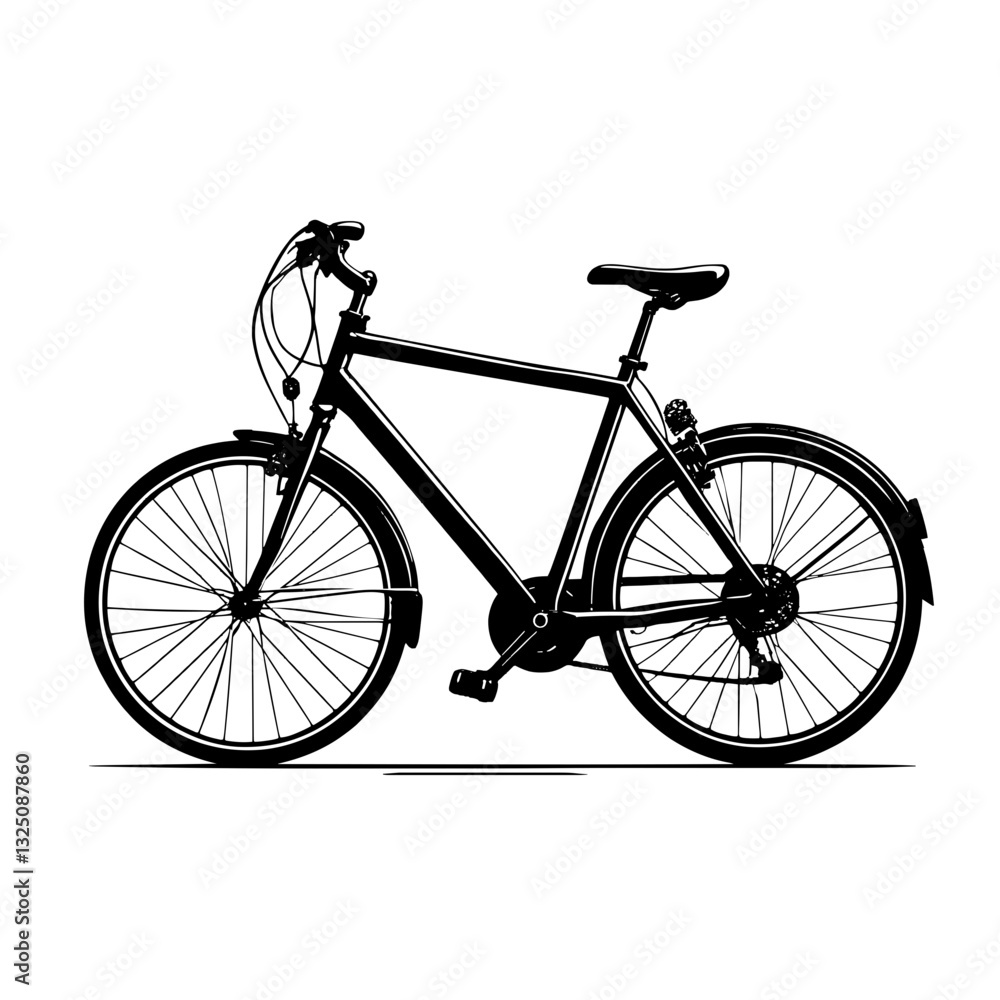 An illustration featuring a black bicycle silhouette set against a clean white background showing detailed wheels, frame, handlebars, and pedals. An illustration featuring a black bicycle silhouette set against a clean white background showing detailed wheels, frame, handlebars, and pedals.