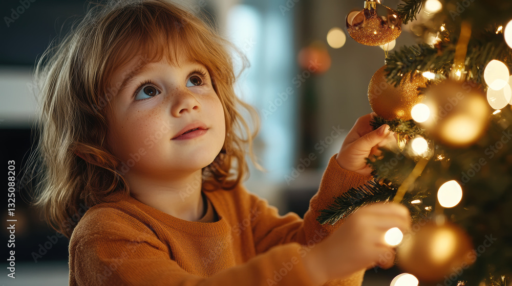 Enchanting christmas joy: young child admires holiday tree lights in cozy winter setting Enchanting christmas joy: young child admires holiday tree lights in cozy winter setting
