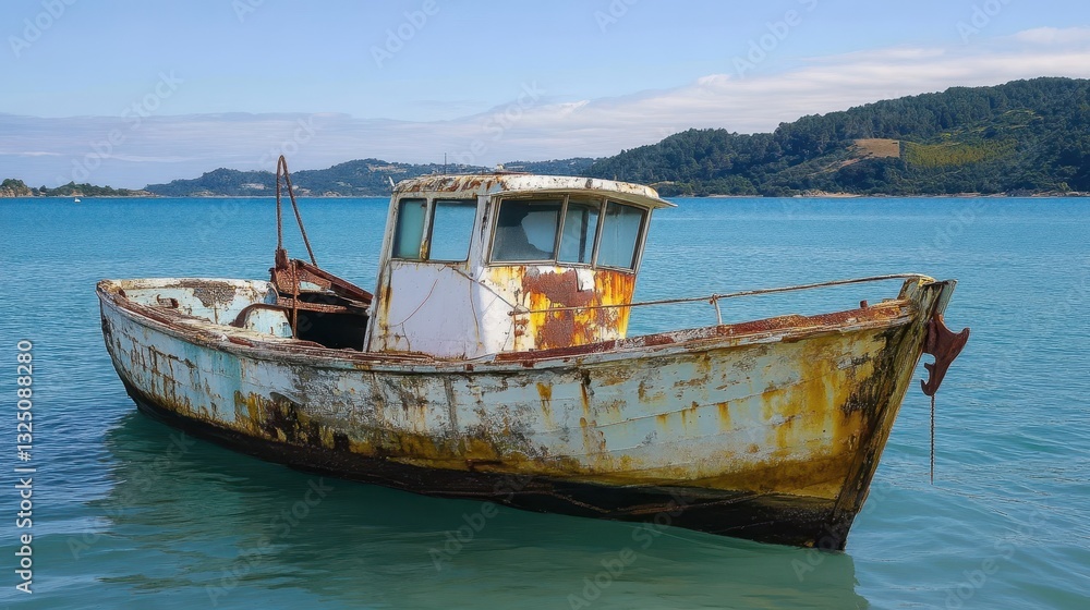 A weathered wooden boat floats alone on a calm turquoise ocean A weathered wooden boat floats alone on a calm turquoise ocean