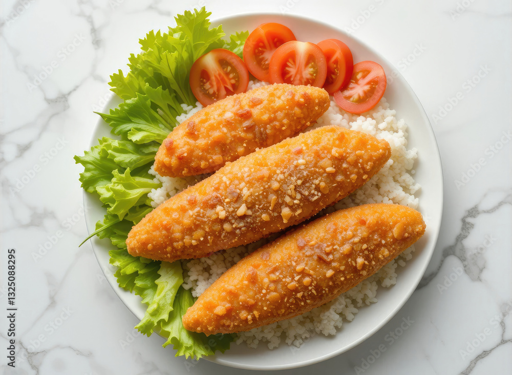Delicious Crispy Fried Food Served Over Rice with Fresh Tomato Salad Delicious Crispy Fried Food Served Over Rice with Fresh Tomato Salad