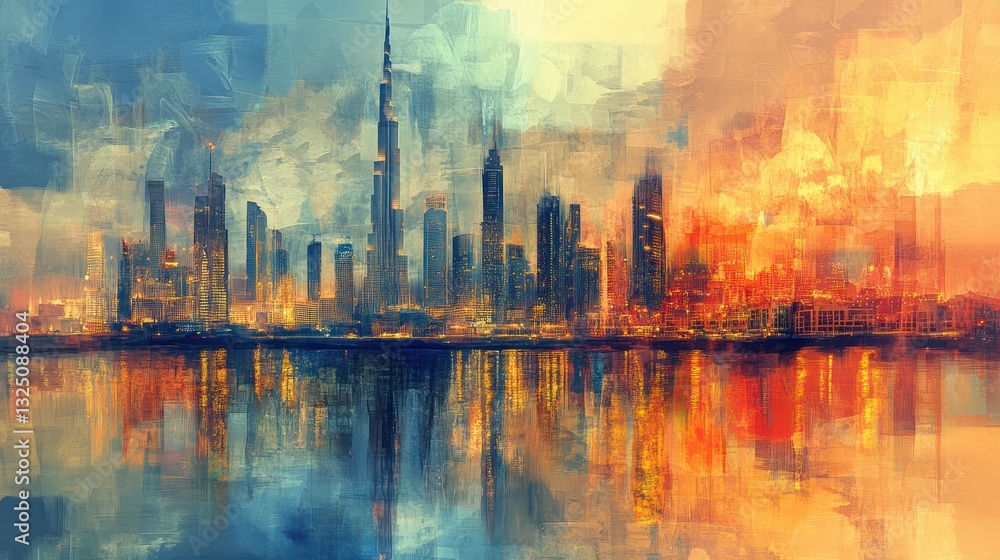 Modern City Skyline Reflecting Its Lights Over Calm Waters Modern City Skyline Reflecting Its Lights Over Calm Waters
