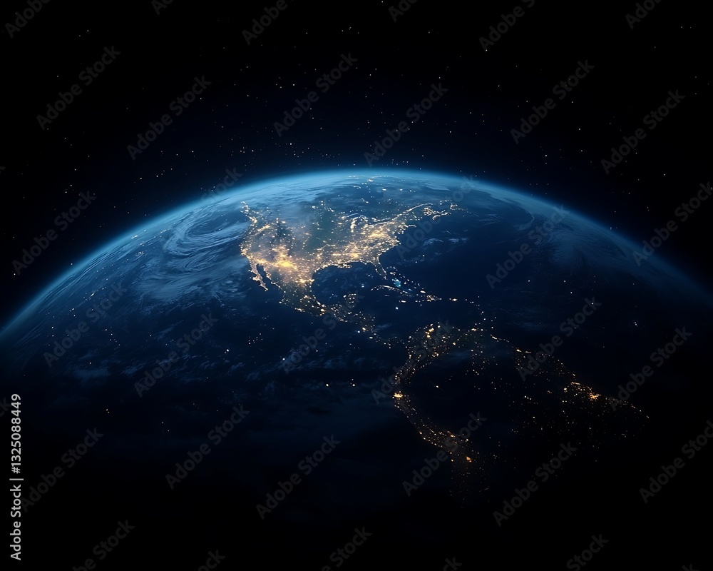 Fototapeta premium Earth at night, North America, stars, space, concept