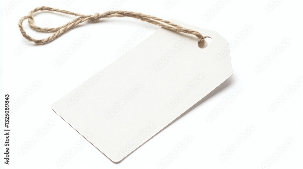 Fototapeta premium A blank white tag with a string, perfect for labeling items or gifts in various creative projects isolated on white background.