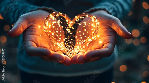 Hands holding glowing heart shaped light string, conveying love and gentle affection