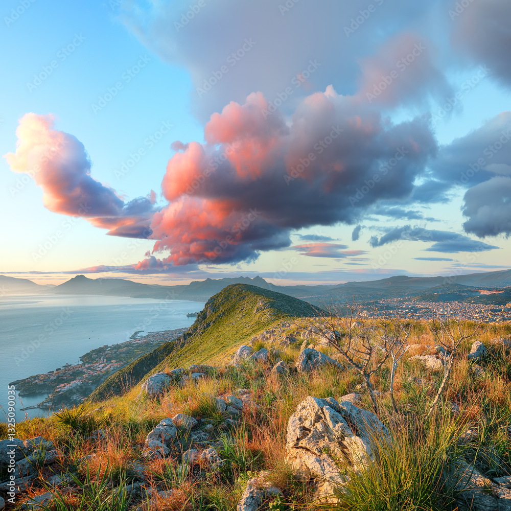 Fantastic view of Bagheria and Santa Flavia towns and national park Orientata Pizzo Cane.
