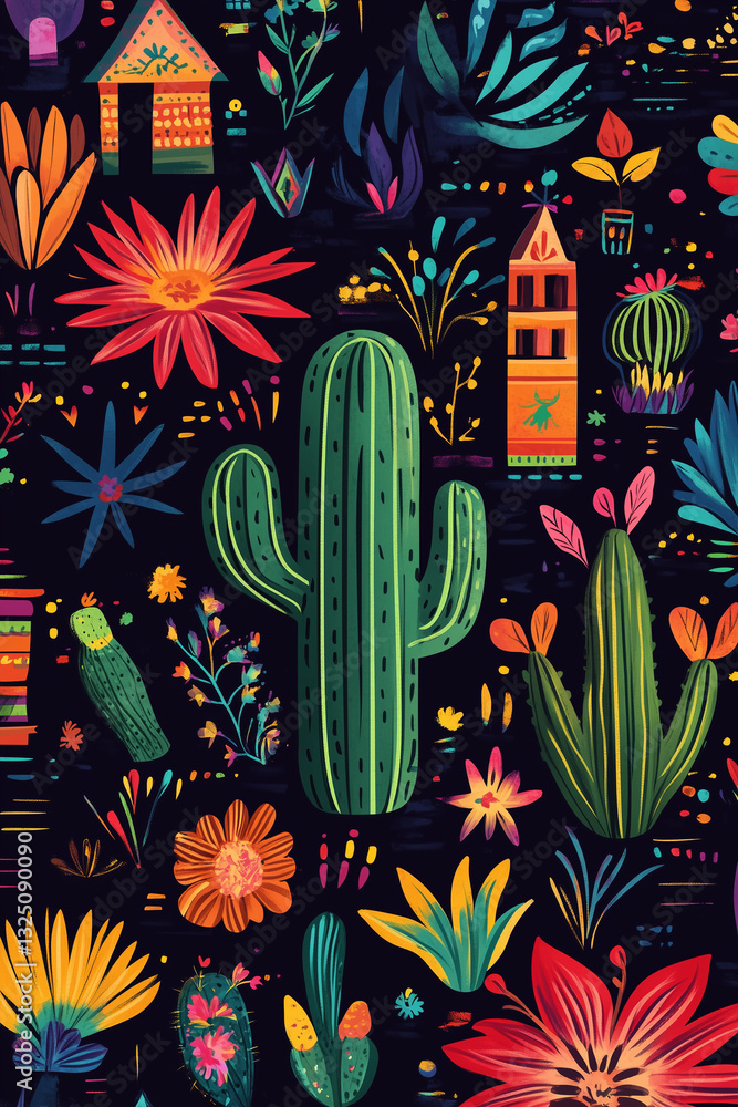 Mexican style design, dark background with vibrant patterns, traditional woven textures, hand-drawn elements