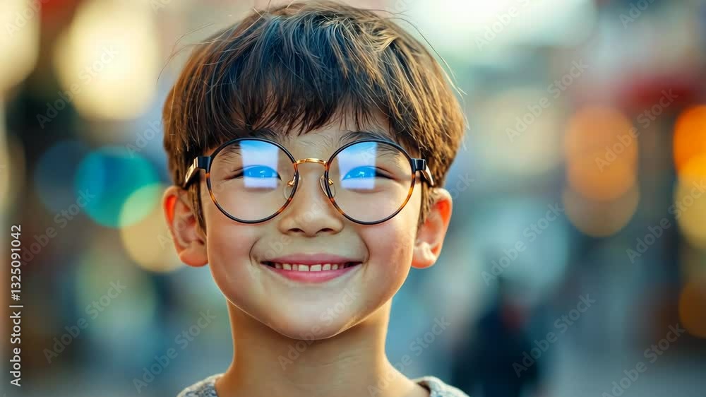 Joyful child with glasses smiling and enjoying blurred urban lights at dusk Joyful child with glasses smiling and enjoying blurred urban lights at dusk
