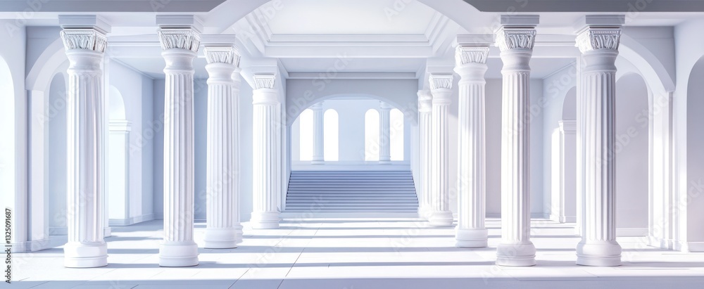 A grand classical white hallway with many tall supporting columns A grand classical white hallway with many tall supporting columns