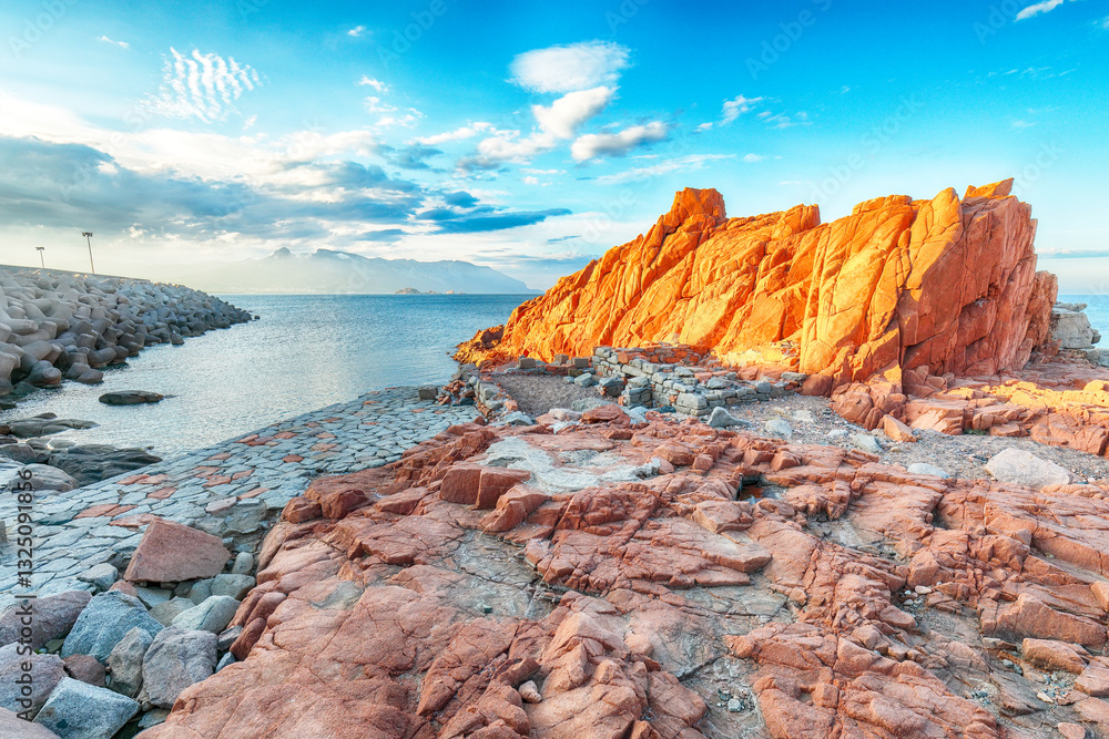 Exciting sunset view of Red Rocks (Rocce Rosse) in Arbatax.