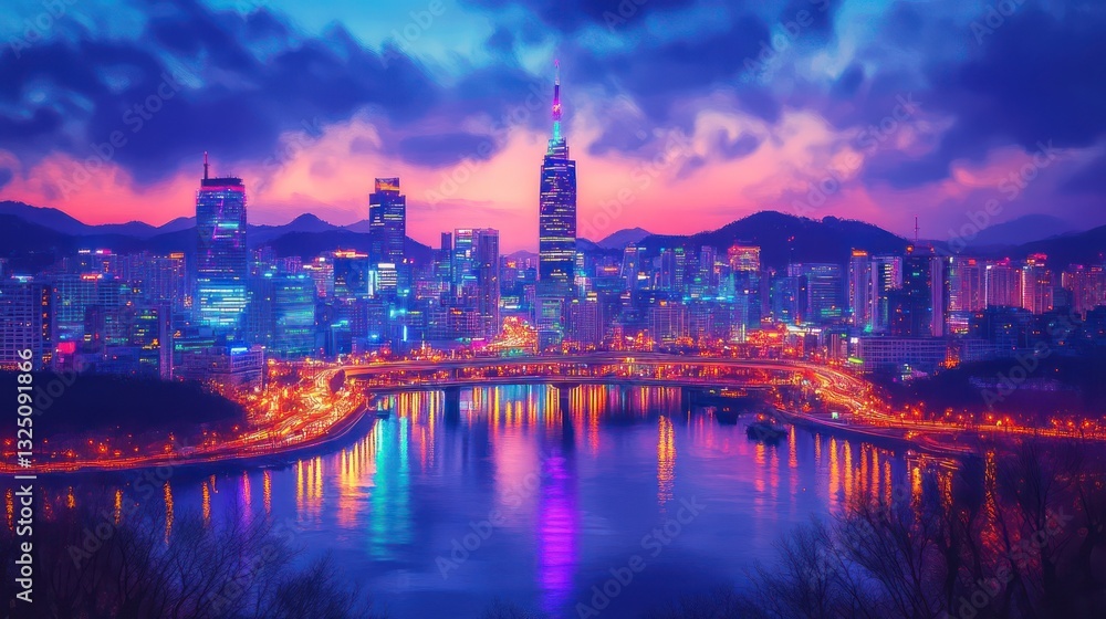 Fototapeta premium Illuminated cityscape reflected in water during a beautiful evening