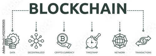 blockchain outline banner icon of data, decentralized, crypto currency, timestamp, network, transactions