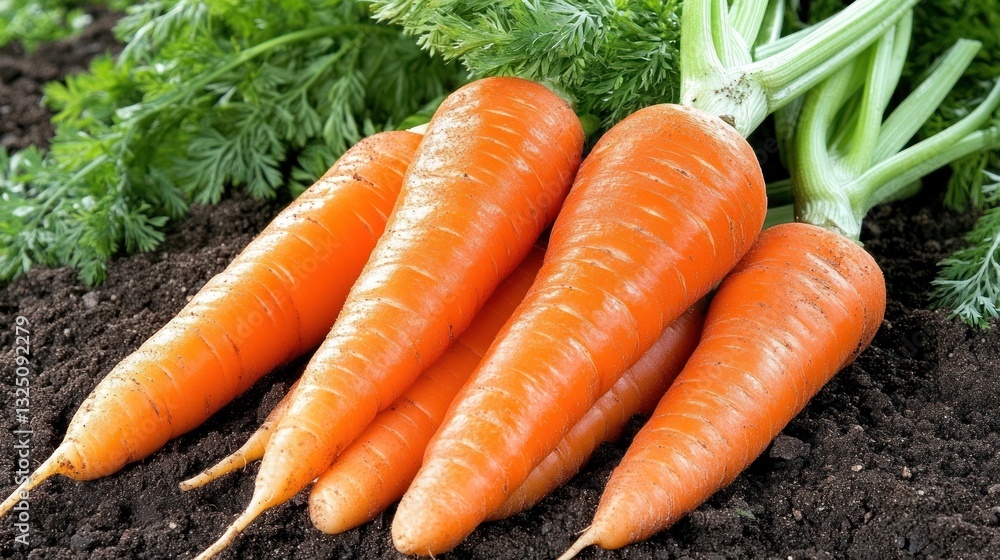 Several fresh orange carrots with green tops lying on the soil Several fresh orange carrots with green tops lying on the soil