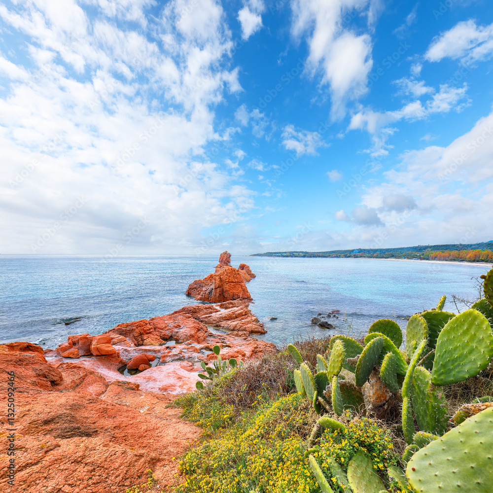 Impressive view of Red Rocks (is Scoglius Arrubius) on Cea beach.