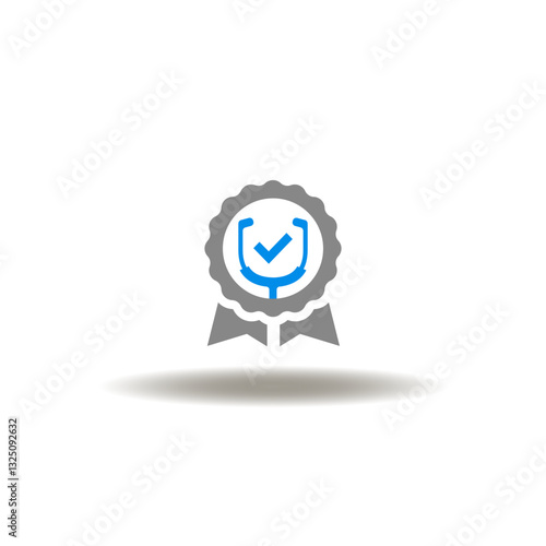 Vector illustration of seal with stethoscope and check mark. Symbol of medical accreditation.