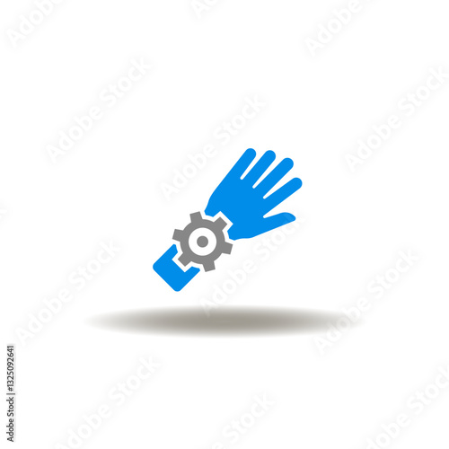 Vector illustration of hand or palm with gear wheel. Symbol of biomechanics.