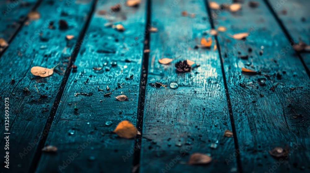 Weathered wooden floor with scattered autumn leaves Weathered wooden floor with scattered autumn leaves