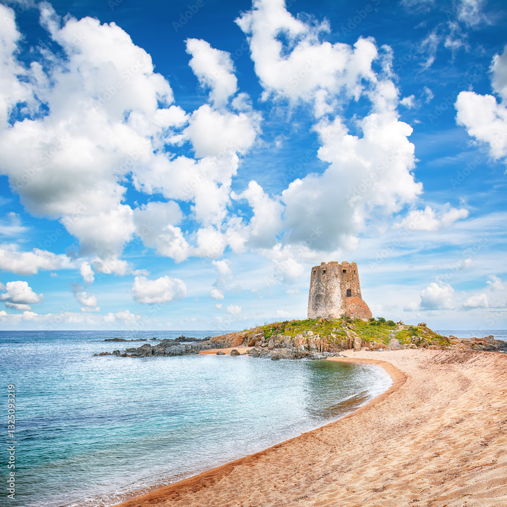 Impressive view of Bari Sardo tower in the Gulf of Orosei.