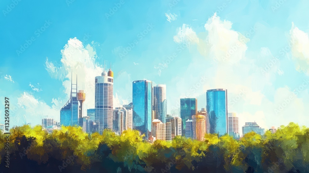 Obraz premium A painted view of a cityscape with tall buildings and sky