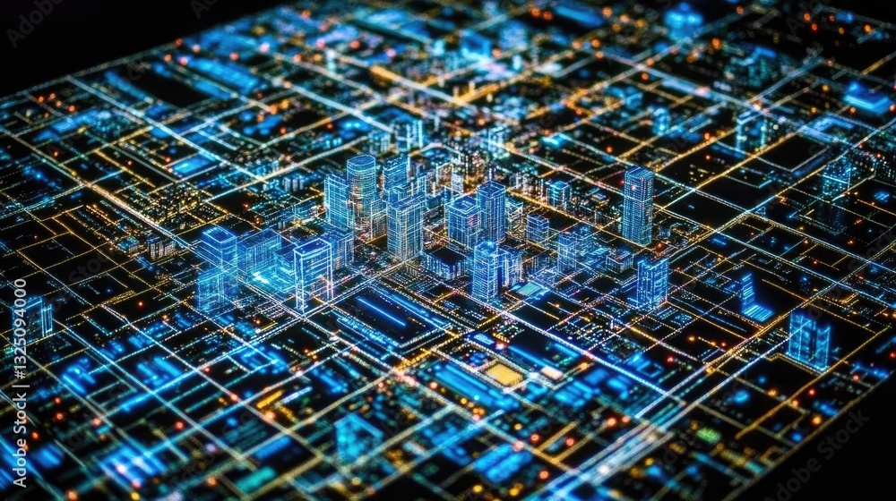 Obraz premium Futuristic city, digital grid, aerial view, dark background