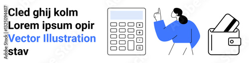 Person pointing at text beside a calculator and wallet with cards. Ideal for business analysis, financial planning, budgeting, personal finance, online payments, educational materials, marketing