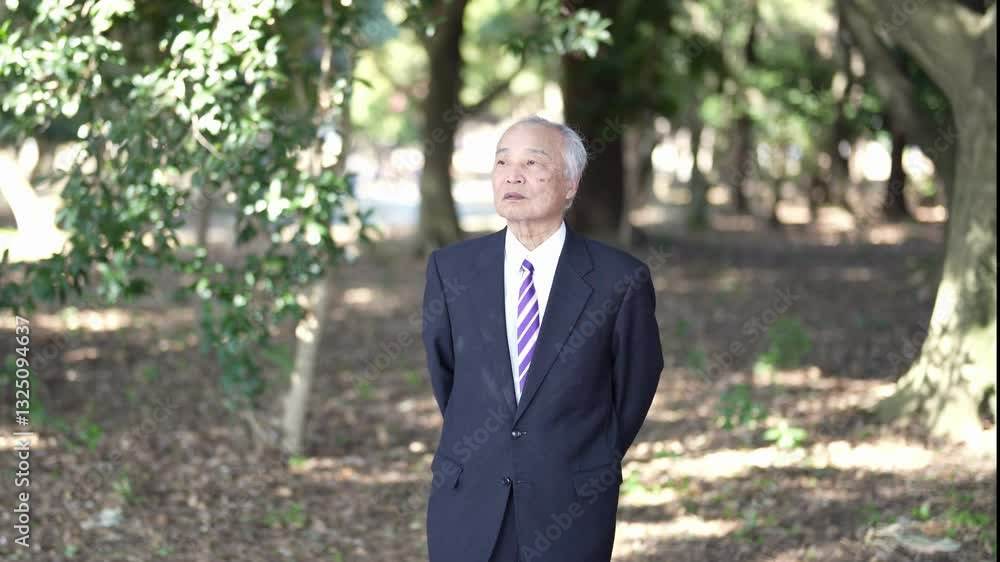 A 78-year-old Japanese man in a suit stands in a natural park filled with trees and talks. A 78-year-old Japanese man in a suit stands in a natural park filled with trees and talks.