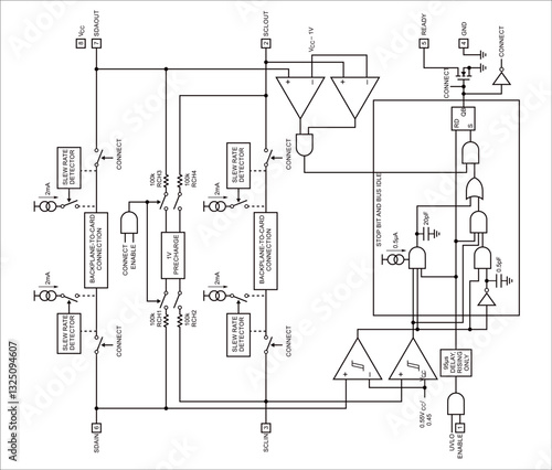 Schematic diagram of electronic device on white sheet of paper.
Vector drawing electrical circuit with  
capacitor, resistor, 
switch, operational amplifier, logic element
of integrated circuit,
other