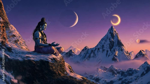 A divine representation of Lord Shiva meditating on a snowy Himalayan peak, symbolizing peace, power, and spiritual transcendence.  
