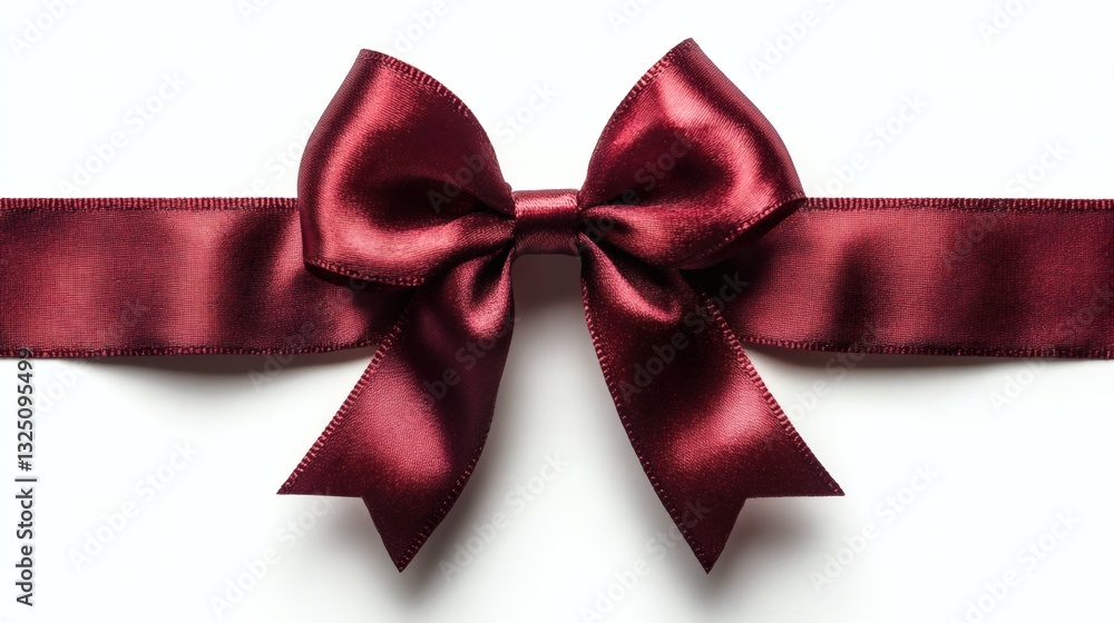 Fototapeta premium Decorative red bow isolated on a white background, top view. Minimalistic stock photo of a red, shiny satin hair bow with a large bow shape 3D illustration.