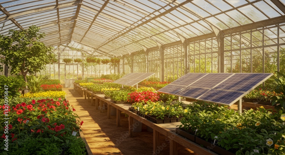 Sunlit Greenhouse Filled With Vibrant Flowers And Solar Panels for Sustainable Sunlit Greenhouse Filled With Vibrant Flowers And Solar Panels for Sustainable