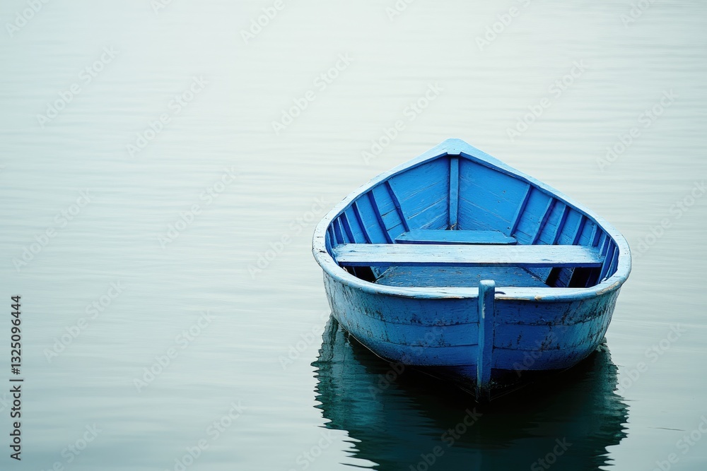 Tranquil blue rowboat on placid lake Tranquil blue rowboat on placid lake