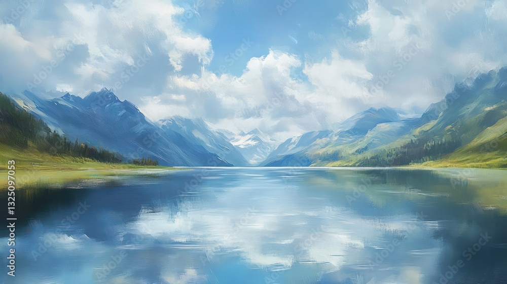 A serene landscape featuring a vast body of reflective water A serene landscape featuring a vast body of reflective water