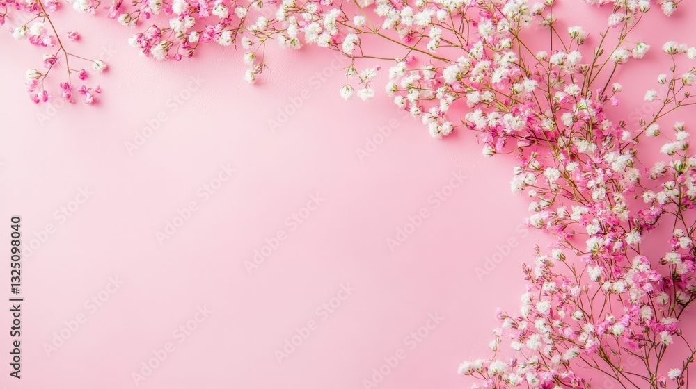 Fototapeta premium Pink and white flowers adorn a pink and empty background space