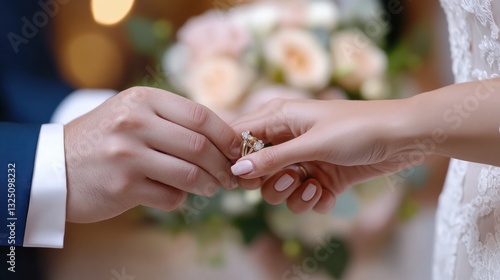 A couple celebrating their engagement with a toast and a diamond ring in focus
