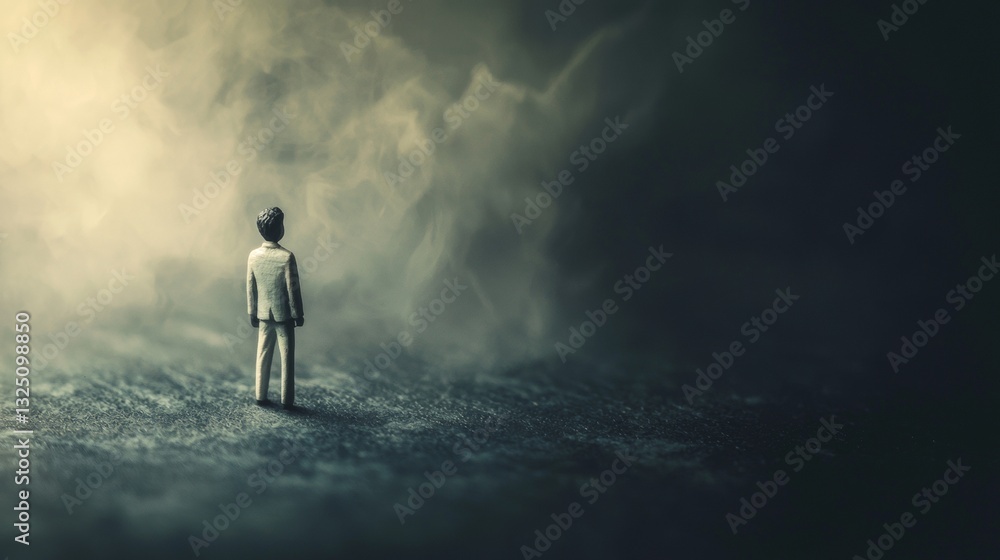 Mysterious figure standing in foggy landscape Mysterious figure standing in foggy landscape