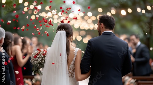 A wedding couple walking down the aisle as guests throw rose petals