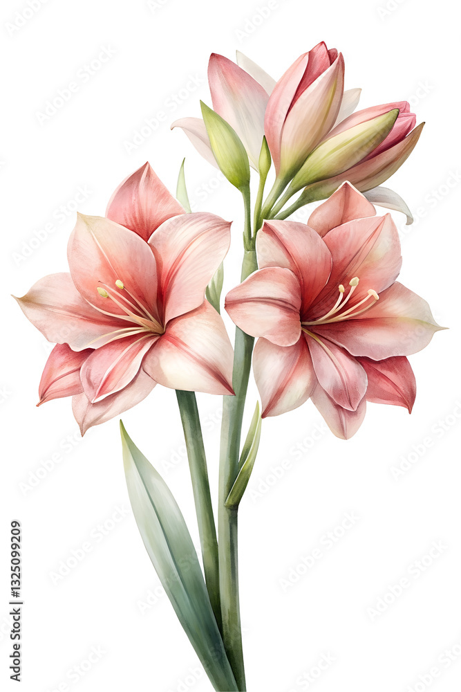 Pink Amaryllis Flowers with Green Leaves - A bouquet of pink amaryllis flowers with delicate petals and green leaves, beautifully arranged and isolated on a white background. Pink Amaryllis Flowers with Green Leaves - A bouquet of pink amaryllis flowers with delicate petals and green leaves, beautifully arranged and isolated on a white background.