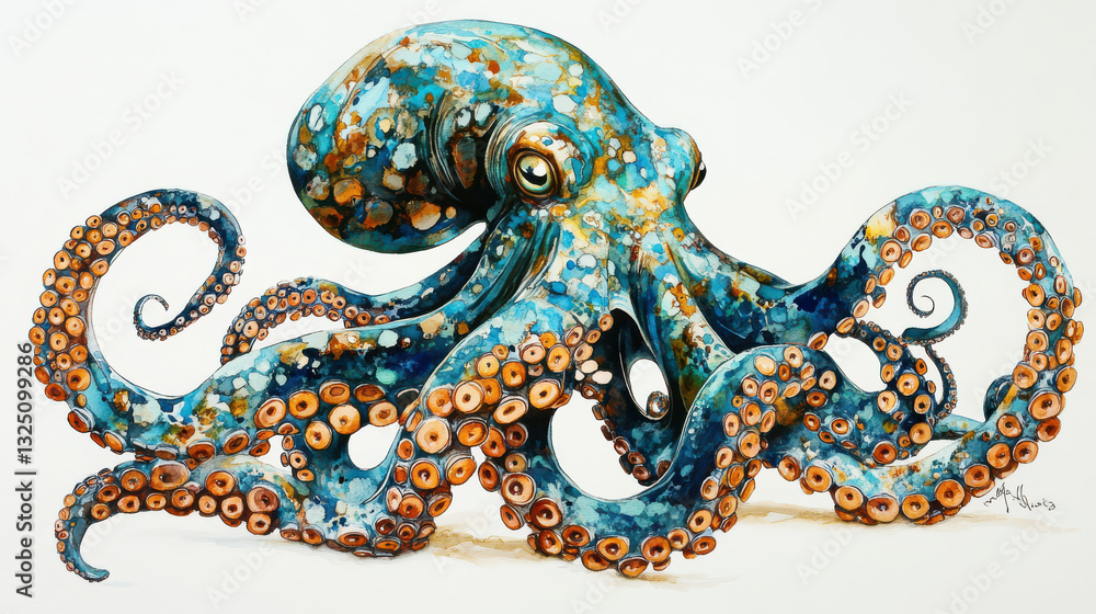 Obraz premium A captivating octopus painting in watercolor and ink, its swirling tentacles painted in rich shades of blue and copper accents, abstract splashes adding movement