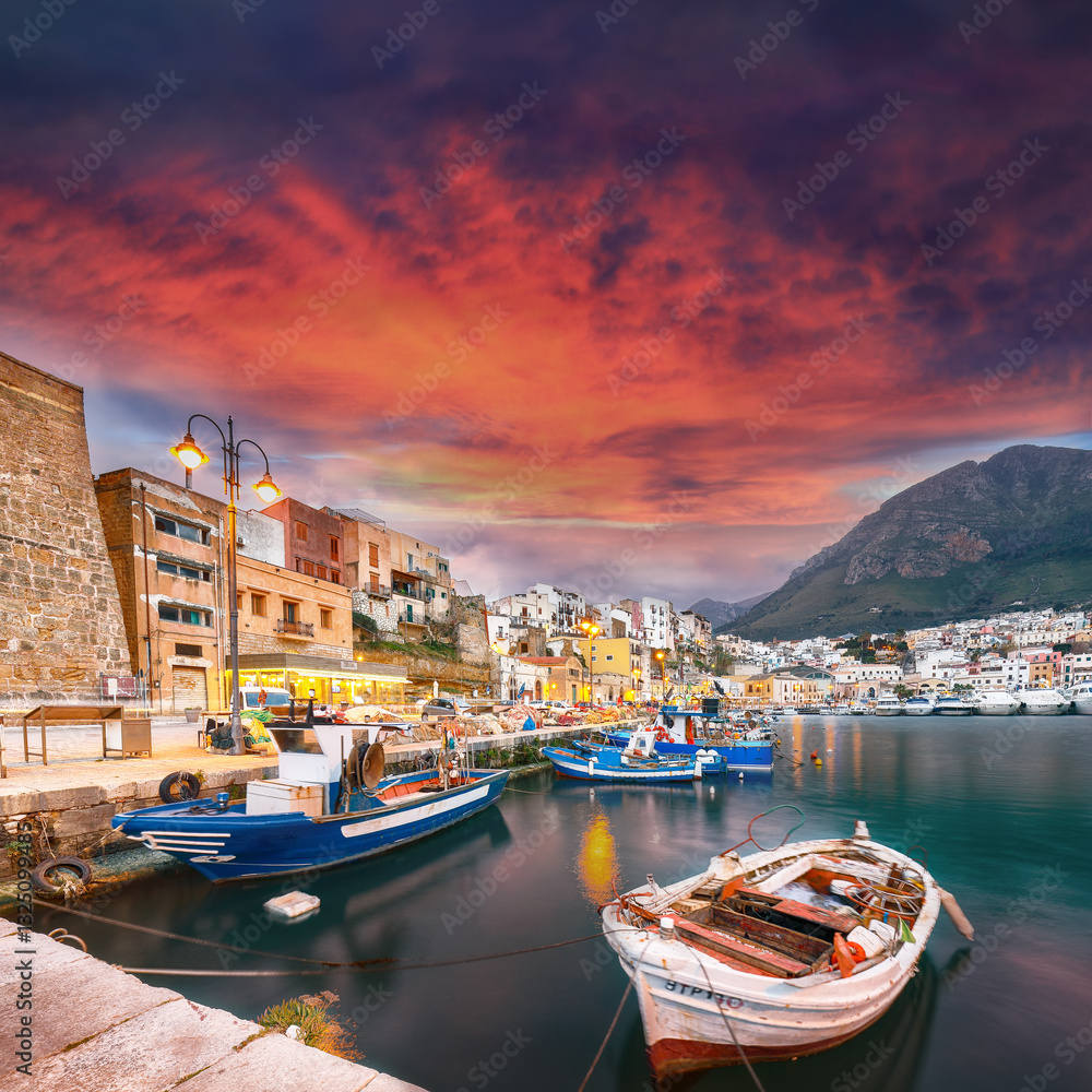 Superb evening cityscape of Castellammare del Golfo town.