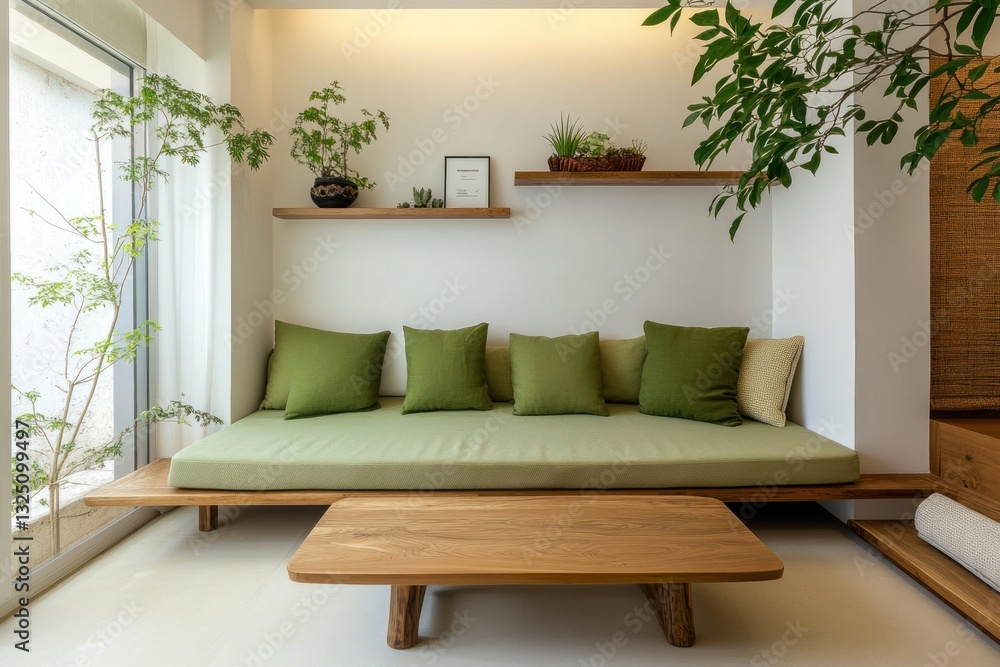 Fototapeta premium Tranquil minimalist living room with green cushions, wooden furniture, and plants.