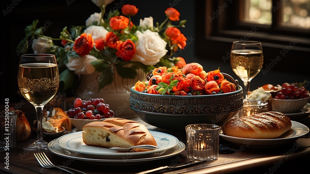 Sunlit Rustic Table: Autumnal Feast & Wine. Sunlit Rustic Table: Autumnal Feast & Wine.