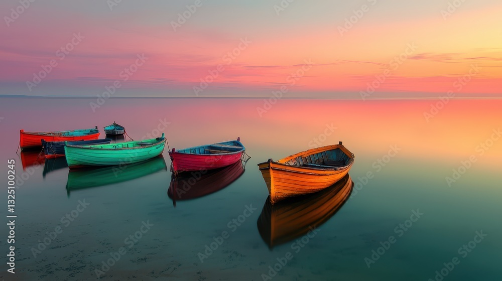 Fototapeta premium Colorful Fishing Boats Resting on Tranquil Water at Sunset with Vivid Reflection of the Sky