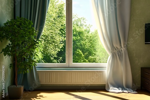 Sunlight illuminating living room with houseplant and curtains